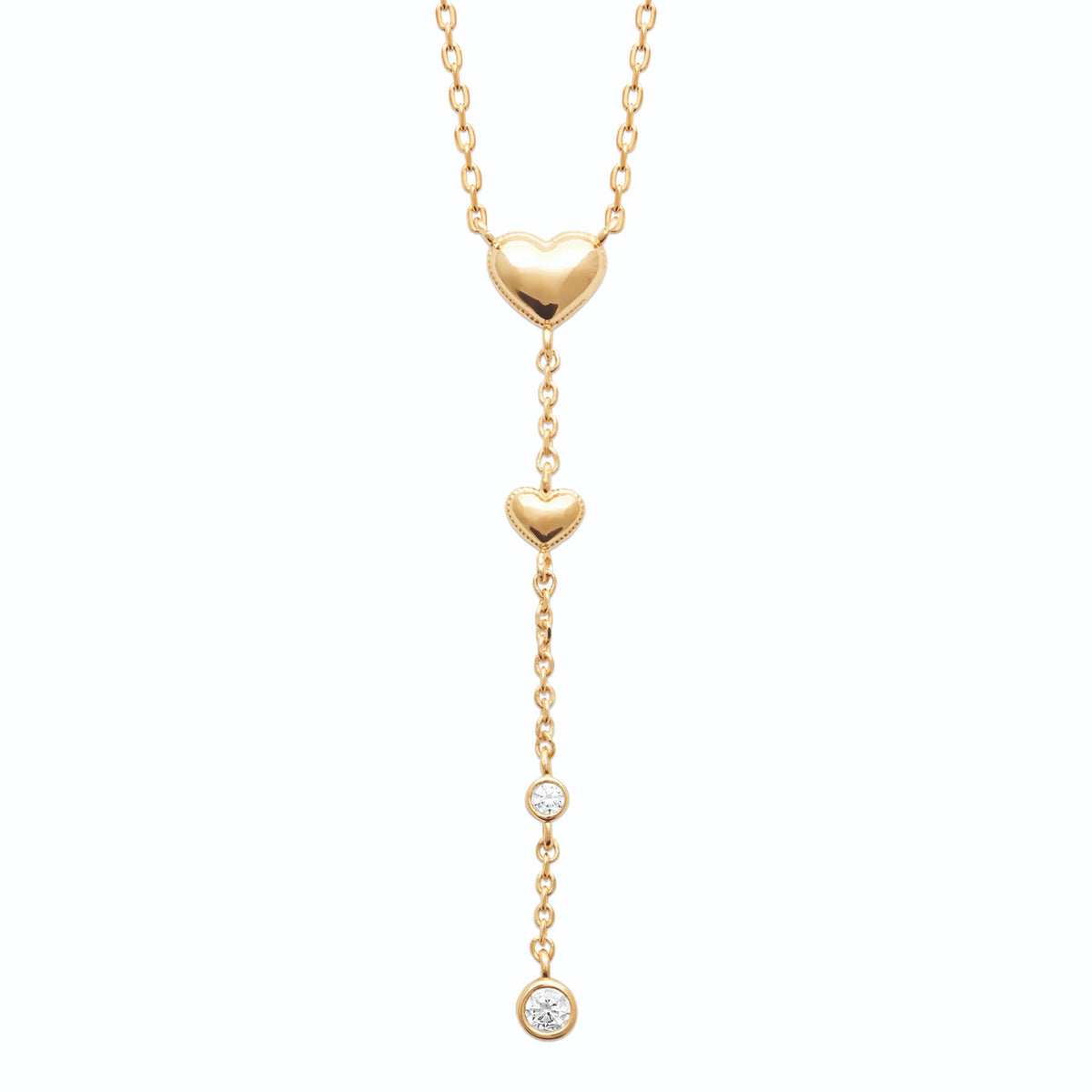 Collier en Y deux cœurs et zircons en chute en plaqué or