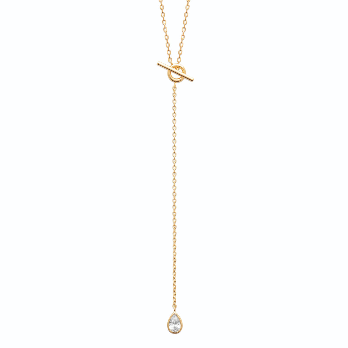Collier en Y fermoir en T et zircon poire en plaqué or