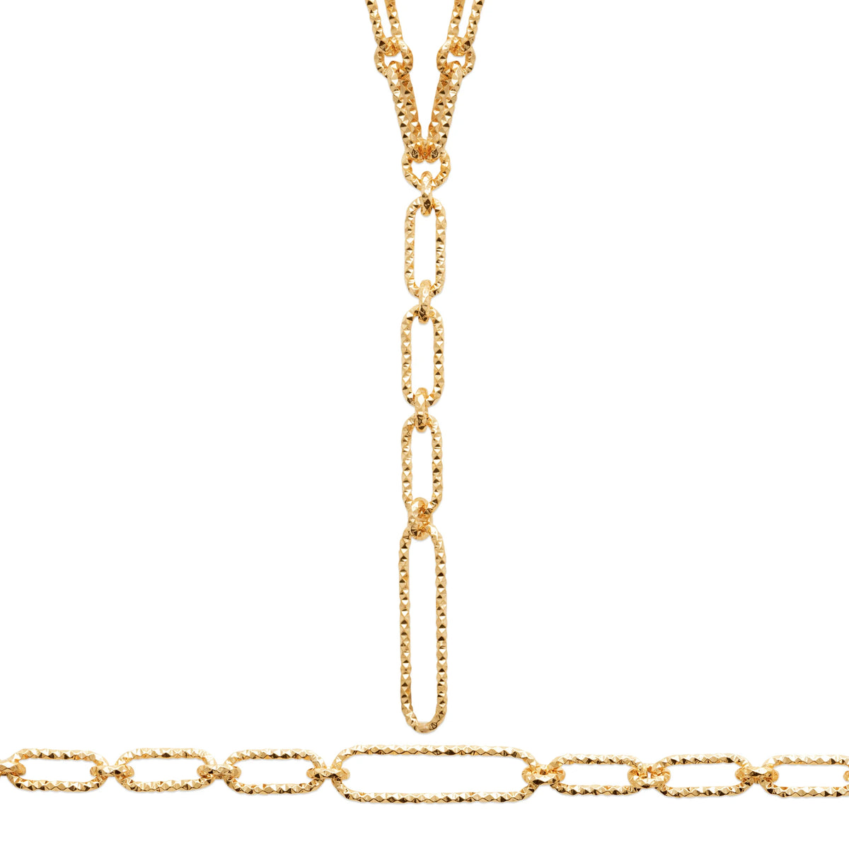 Collier en Y à grandes mailles ovales texturées en plaqué or