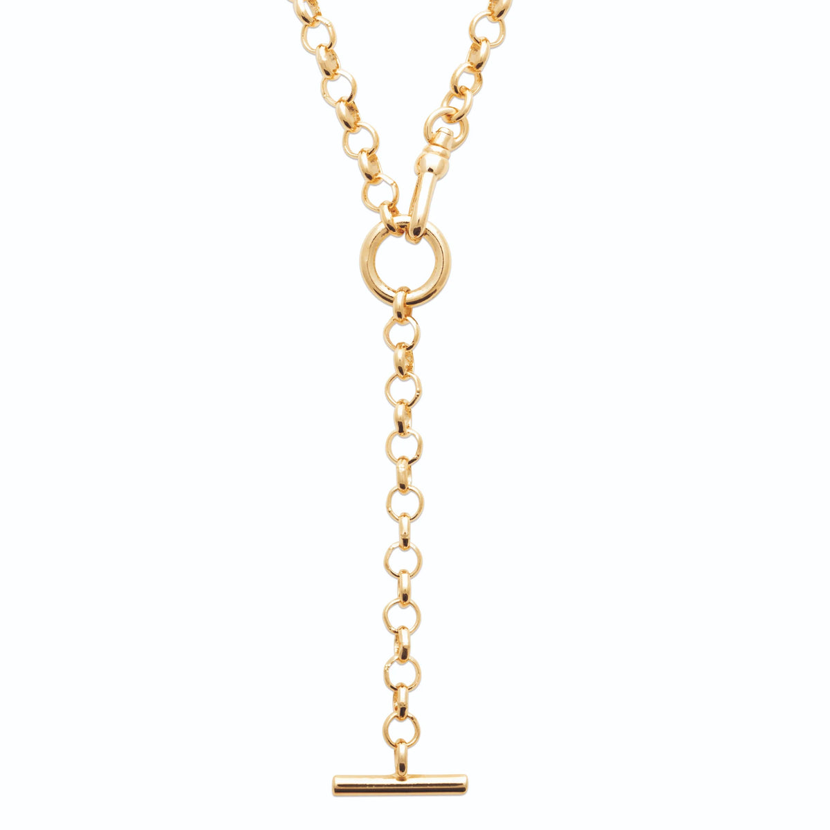 Collier en Y chaîne jaseron, anneau et barrette en T en plaqué or