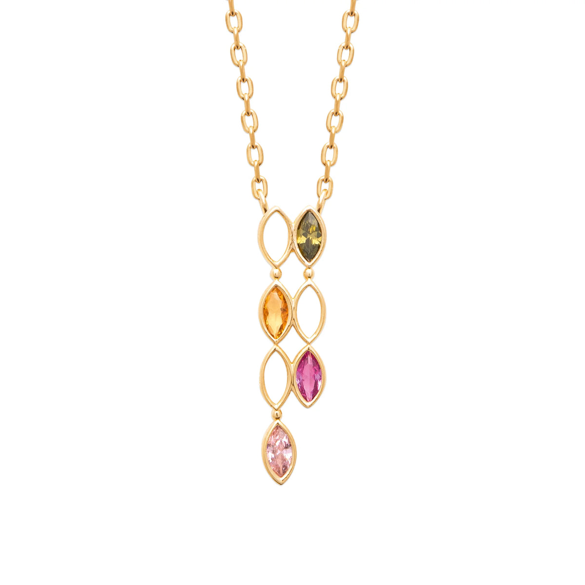 Collier en Y cascade de maillons et pierres colorées en plaqué or