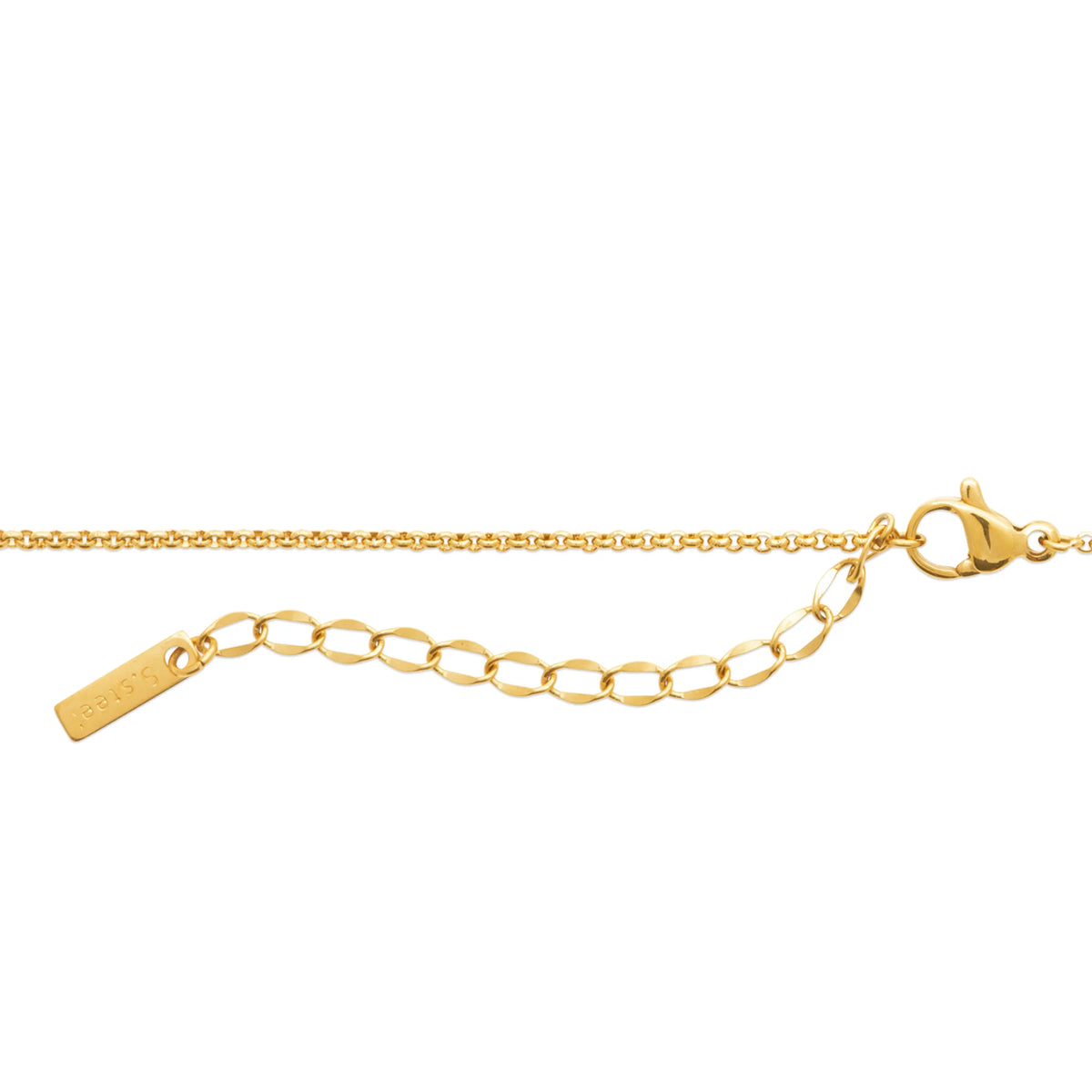 Détail du fermoir mousqueton et de la chaînette de réglage du collier en Y doré