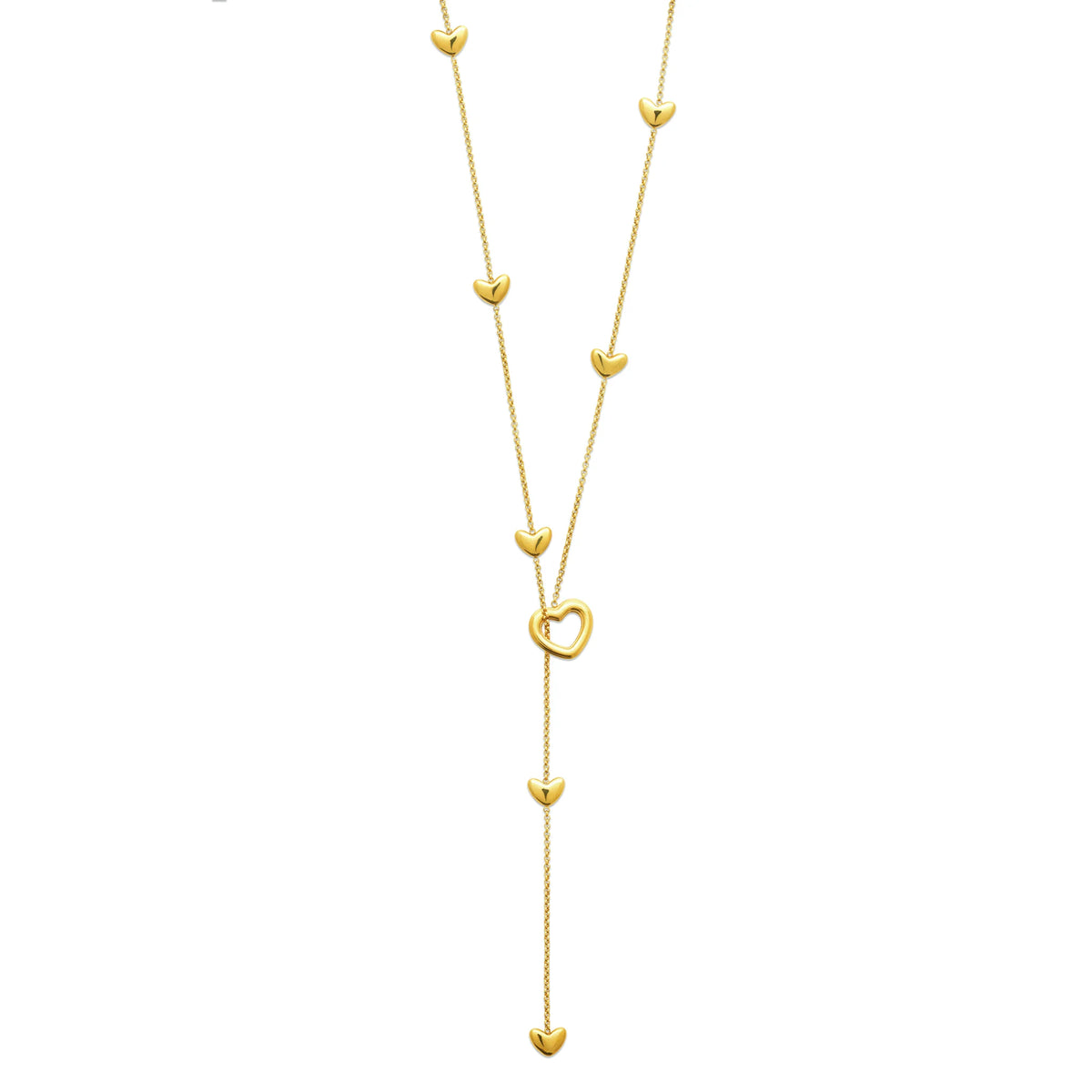 Vue d’ensemble du collier en Y doré, chaîne et chute ponctuées de cœurs