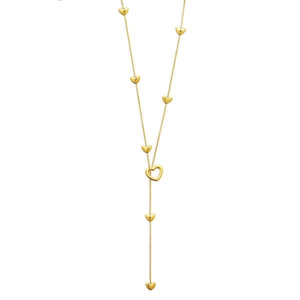 Collier en Y en acier doré, chaîne semée de petits cœurs et cœur filaire à la jonction