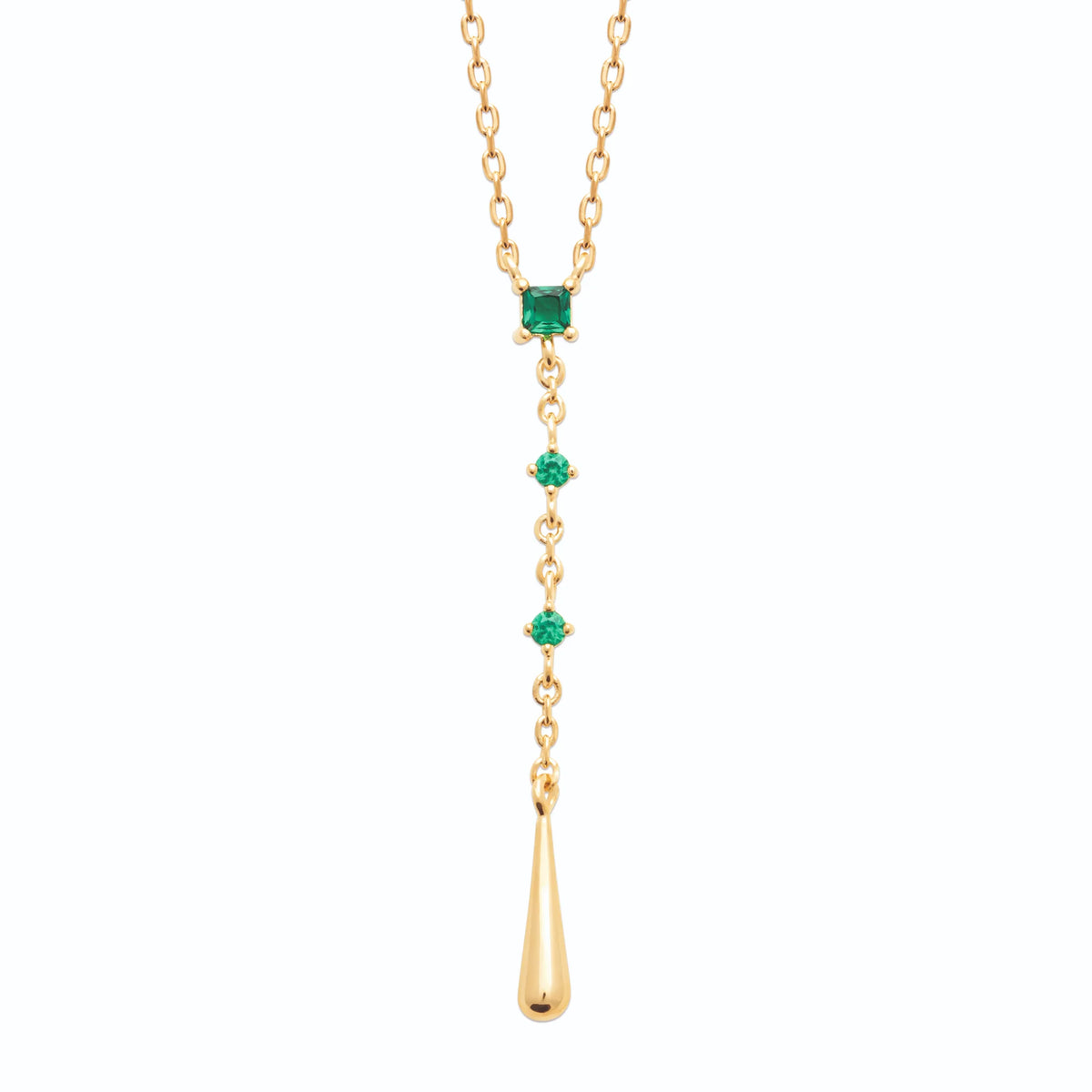 Collier en Y, pierre carrée verte et goutte polie en plaqué or