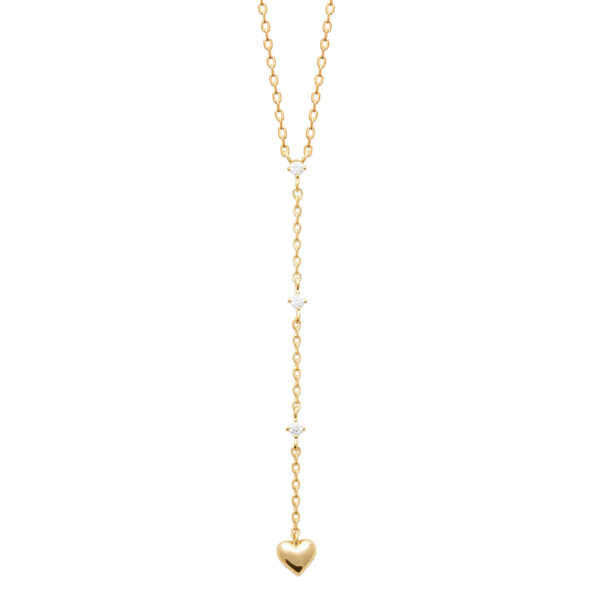 Collier en Y à zircons et petit cœur bombé en plaqué or