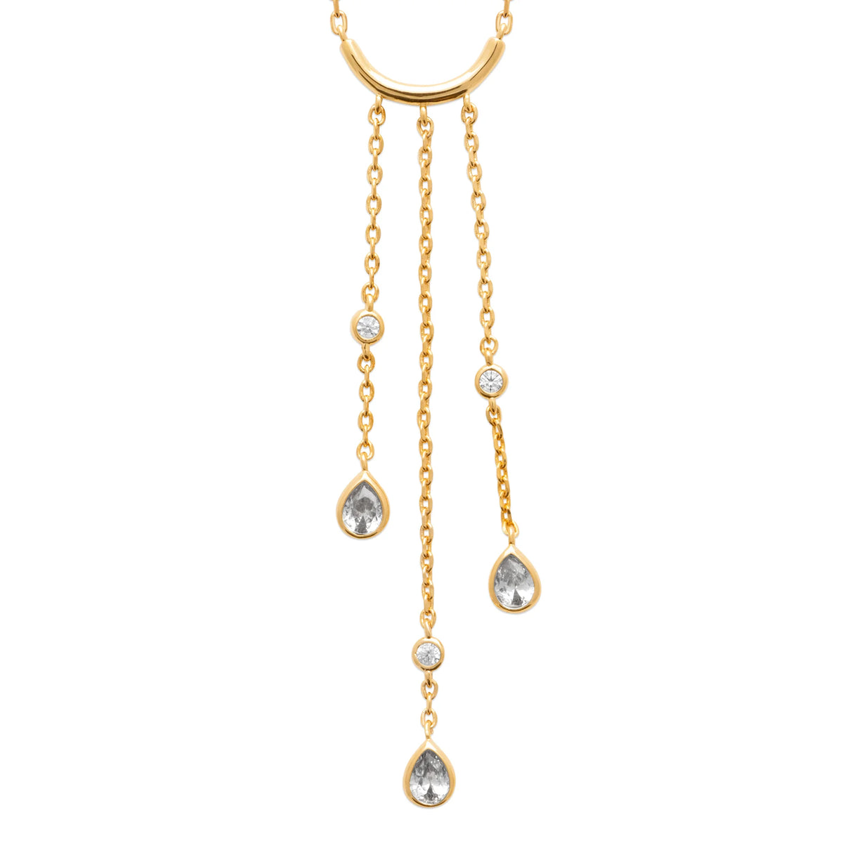 Collier en Y à trois chaînettes et zircons poire en plaqué or
