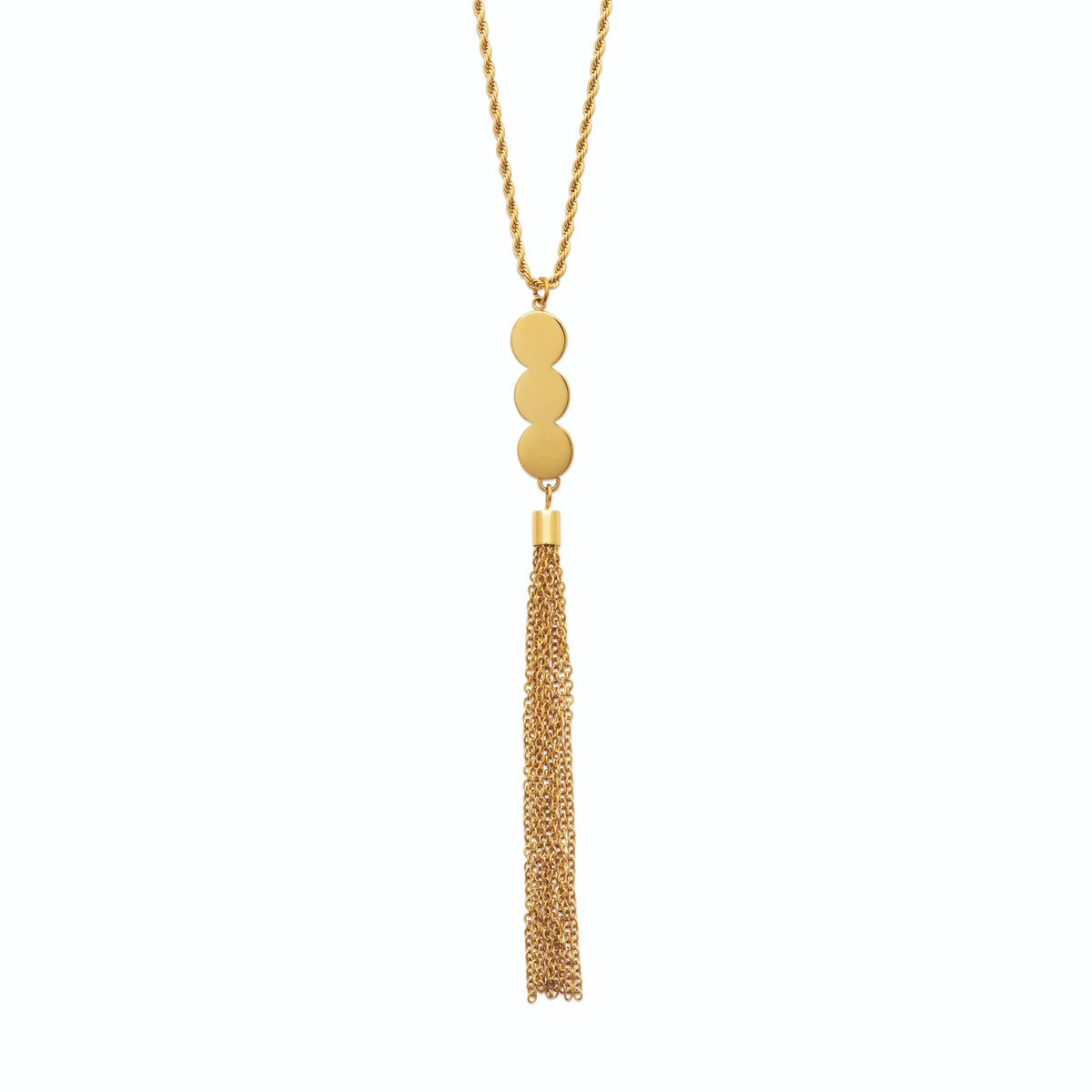Collier en Y trois pastilles et pompon en acier doré