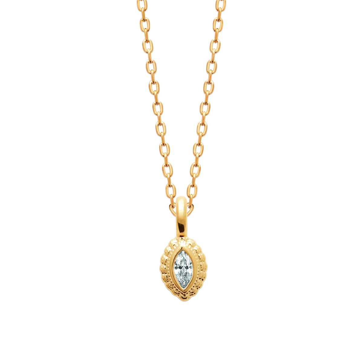 Collier zircon navette dans un cadre perlé en plaqué or