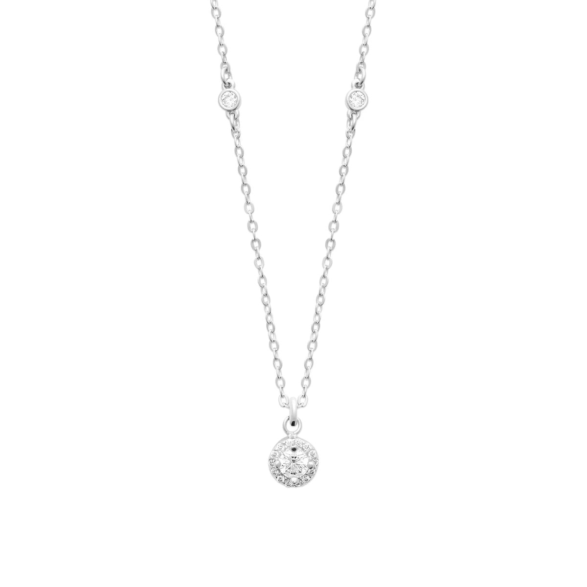 Collier zircon rond cerné d’un halo de petits zircons en argent 925 rhodié