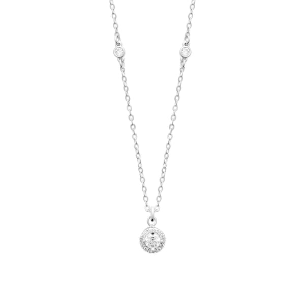 Collier zircon rond cerné d’un halo de petits zircons en argent 925 rhodié