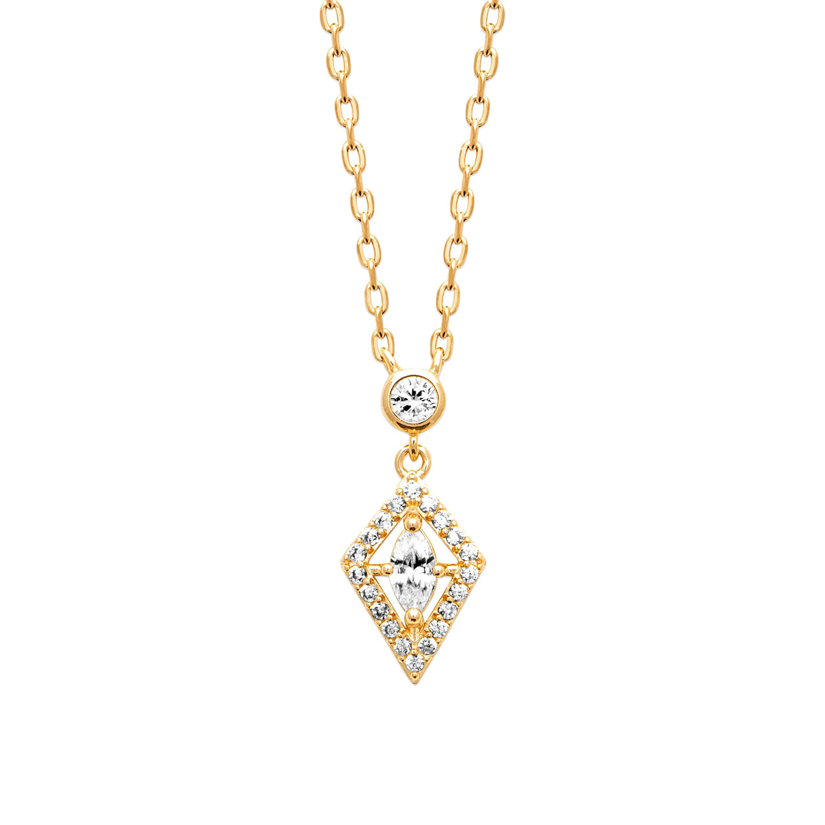 Collier pendentif zircon rond et losange pavé en plaqué or