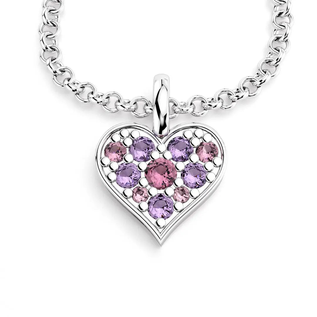 Collier coeur en argent avec rhodolites et améthytes