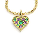 Collier coeur en or jaune avec émeraudes et saphirs violets