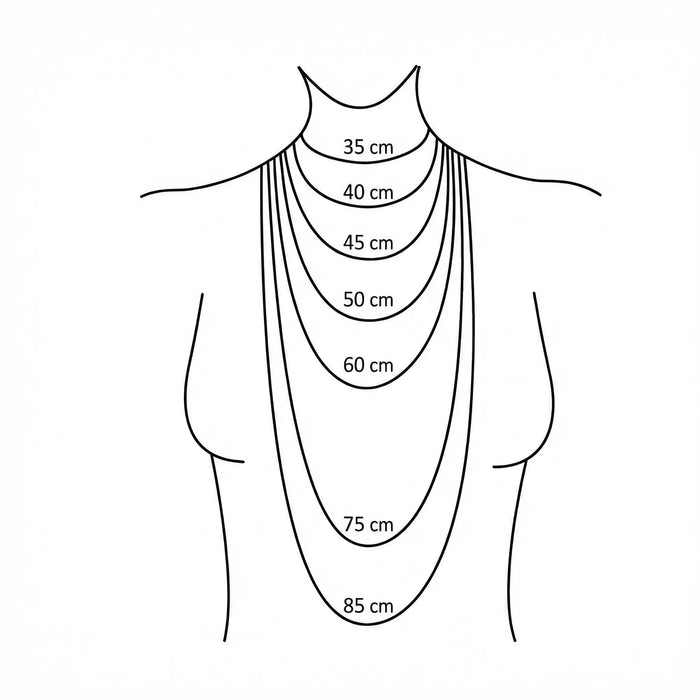 Schéma des longueurs de collier sur le buste, de 35 à 85 cm