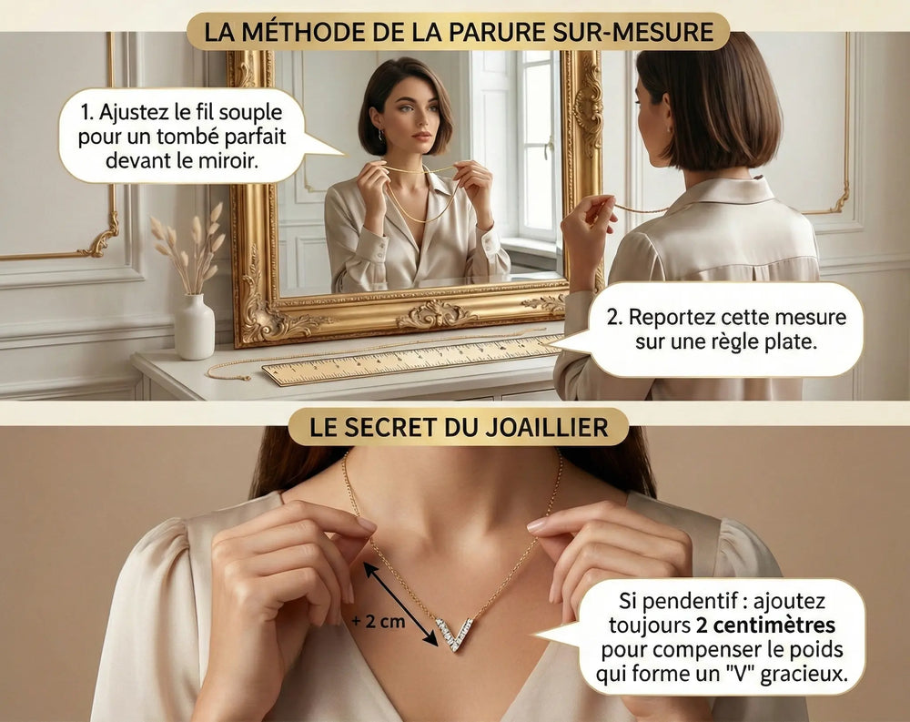 Mesurer sa longueur de collier avec un fil souple devant le miroir, puis sur une règle plate
