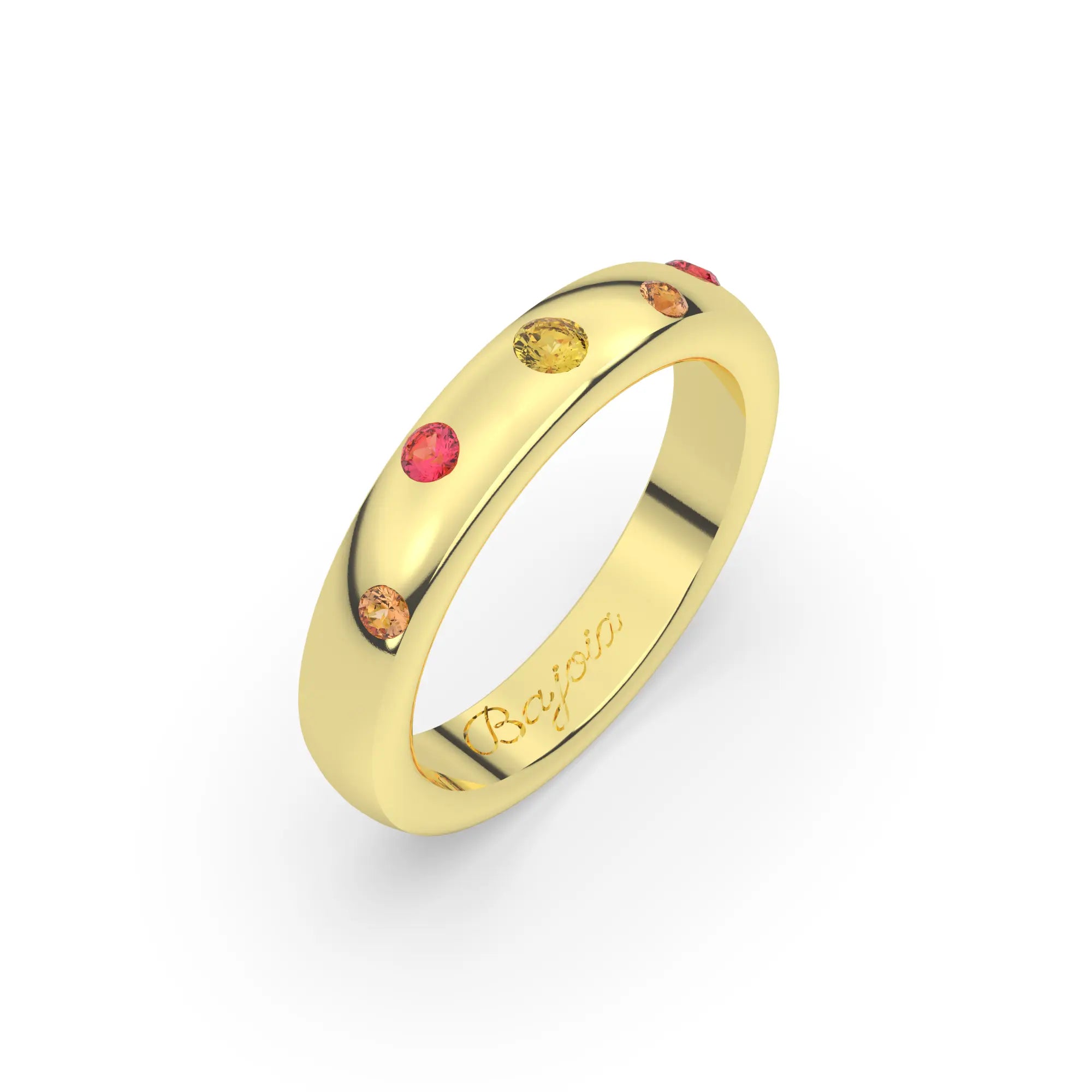 Bague femme or jaune 18 carats avec 5 Saphirs (Jaune Rose Orangé)