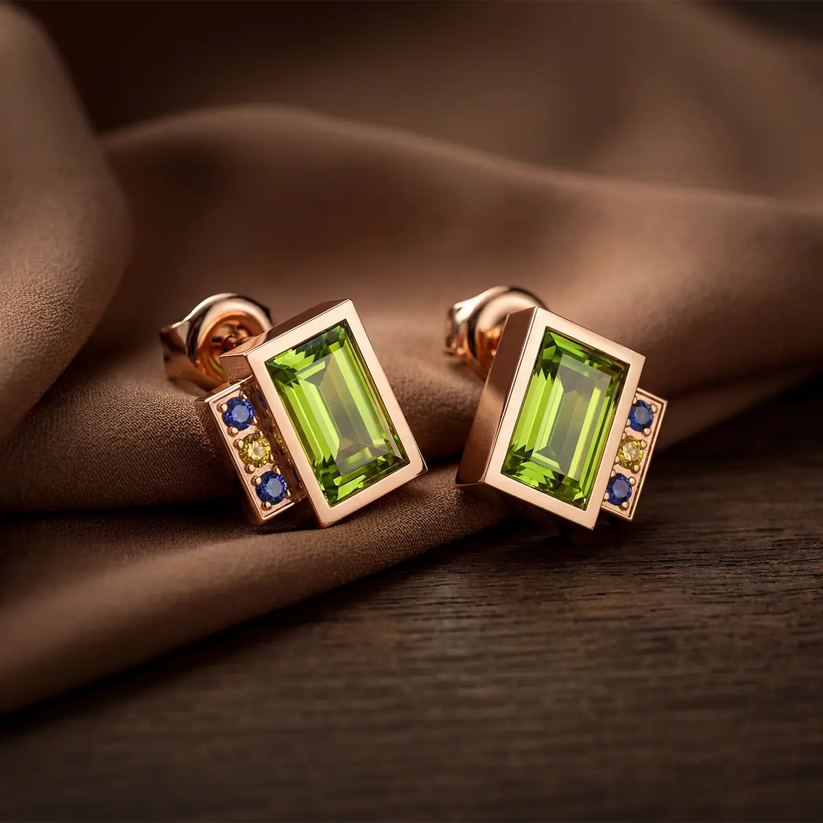 Gros plan sur une paire de boucles d'oreilles Art Déco en or rose 18k, serties d'un péridot central taille émeraude et de pierres fines colorées, illustrant l'élégance solaire de la collection Bijoux Péridot Bajoia