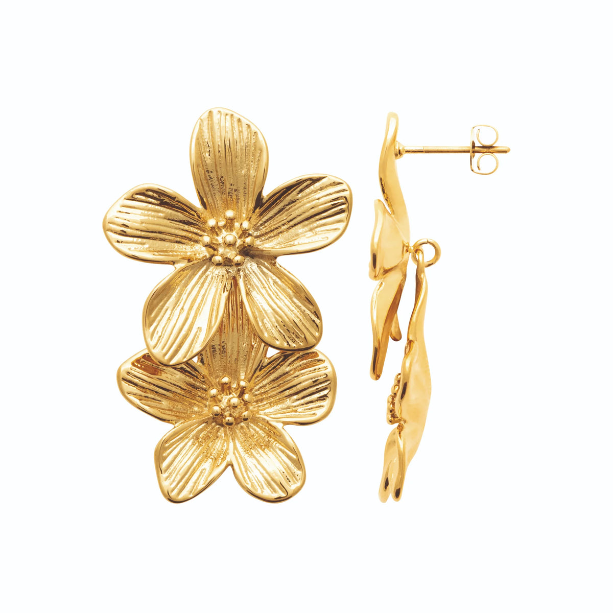 Boucles d’oreilles pendantes double fleur striée en acier PVD doré