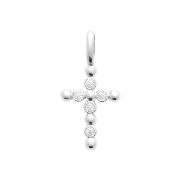 Pendentif croix à boules serties de zircons en argent rhodié