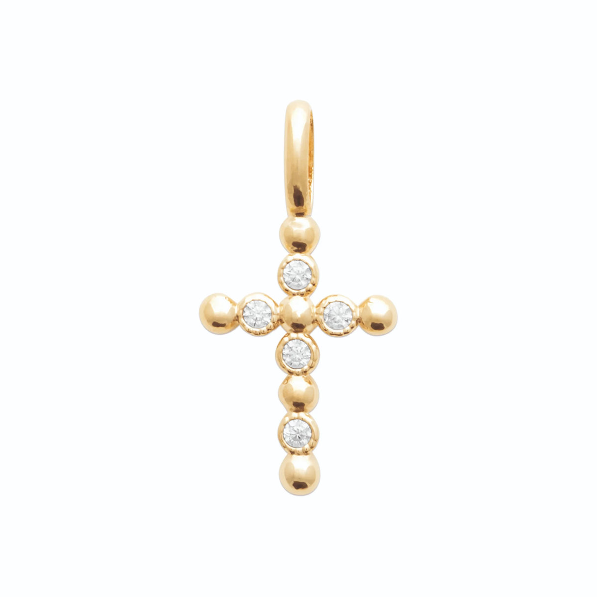 Pendentif croix à boules serties de zircons en plaqué or