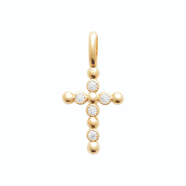 Pendentif croix à boules serties de zircons en plaqué or