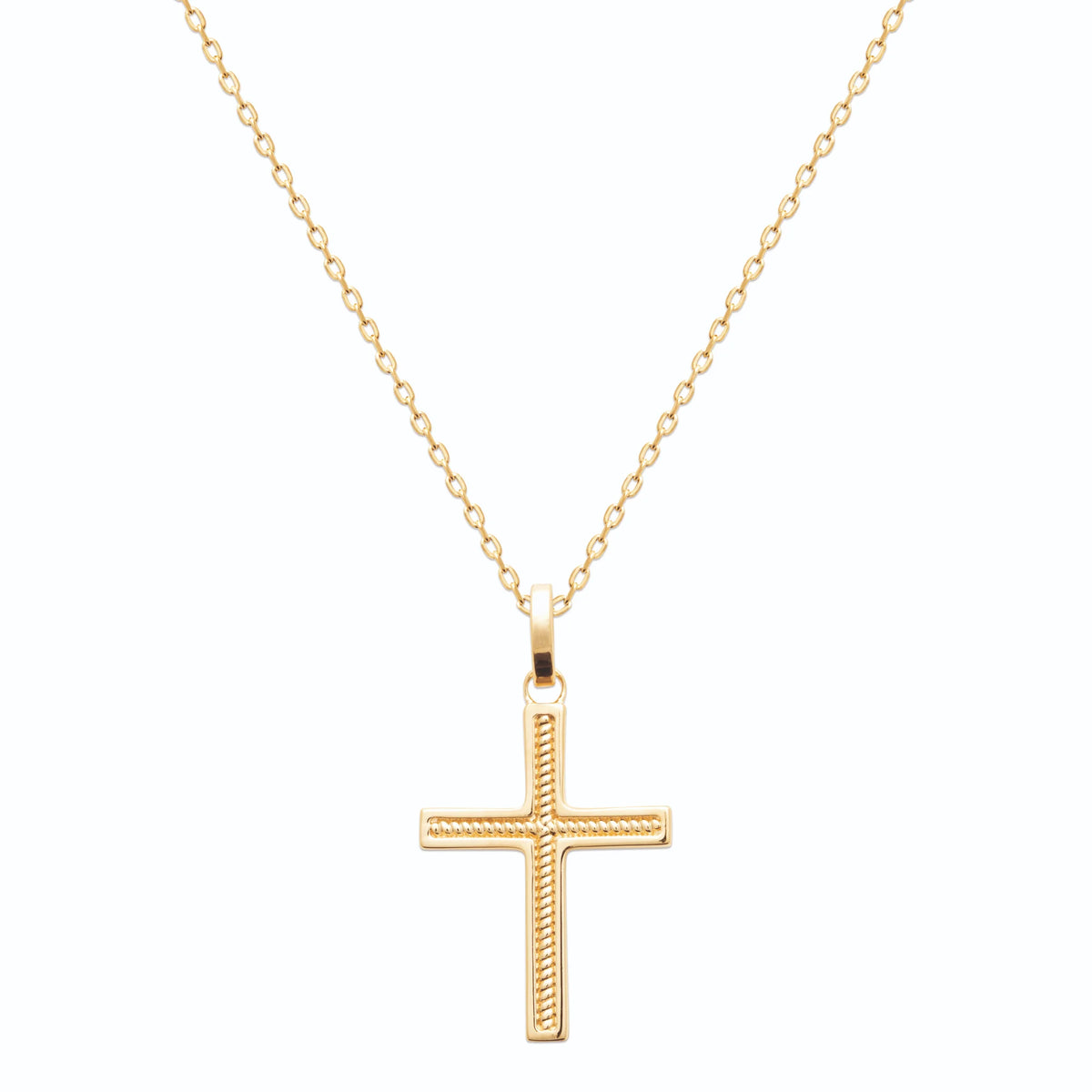 Pendentif croix bordée de cordelette en plaqué or vu de profil
