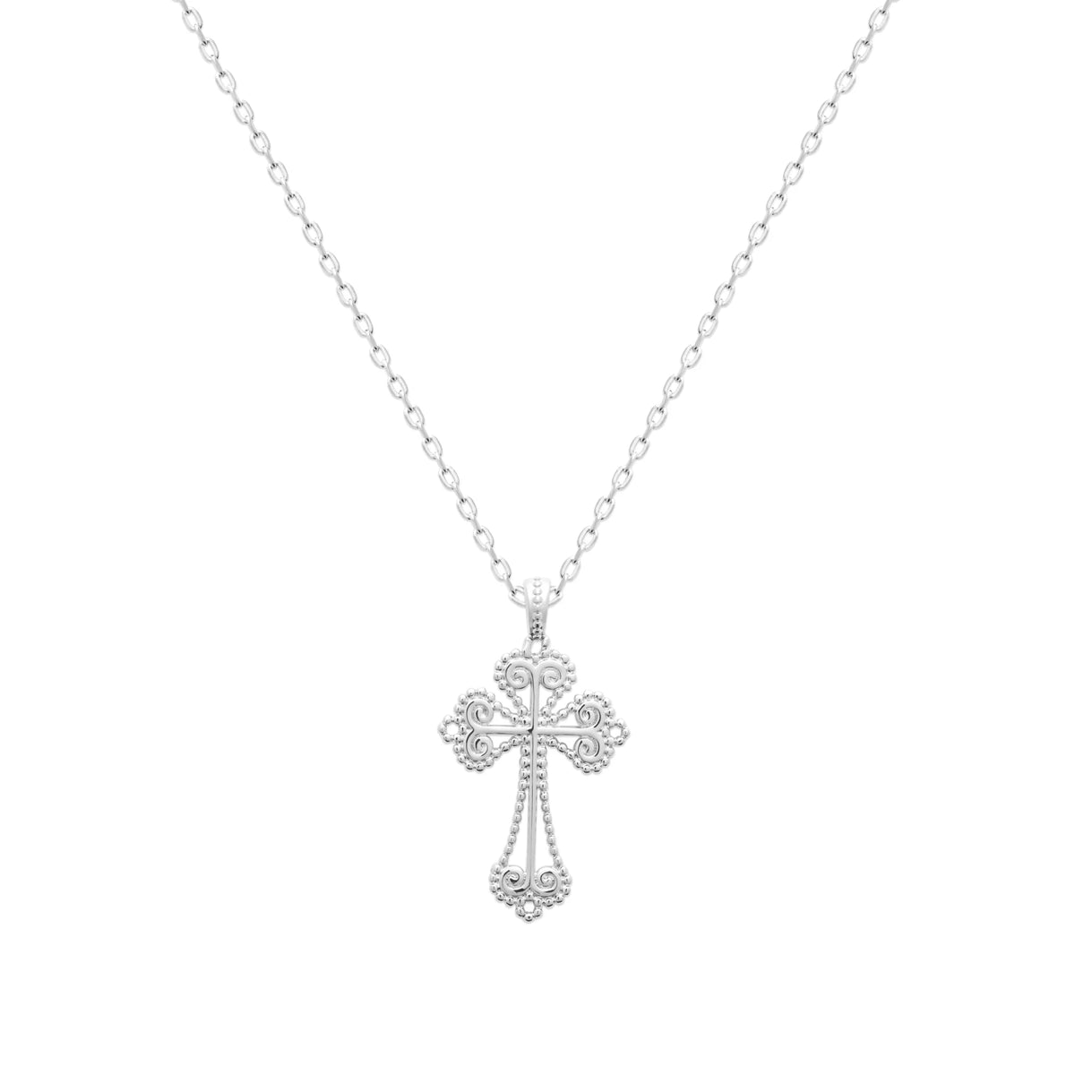 Pendentif croix filigranée en argent rhodié vu de profil