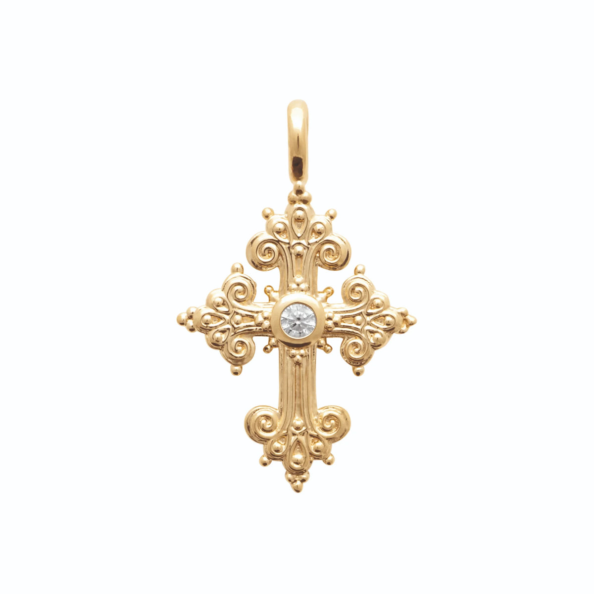 Pendentif croix fleurdelisée ouvragée sertie d’un zircon en plaqué or