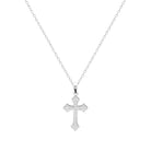Pendentif croix fleurdelisée pavée de zircons en argent rhodié vu de profil