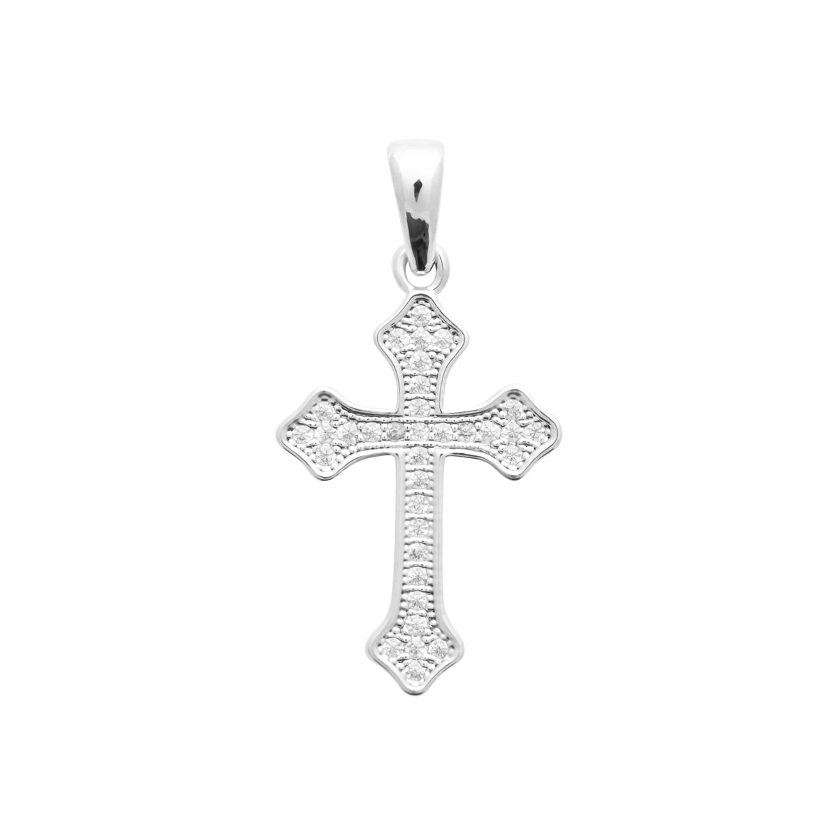 Pendentif croix fleurdelisée pavée de zircons en argent rhodié