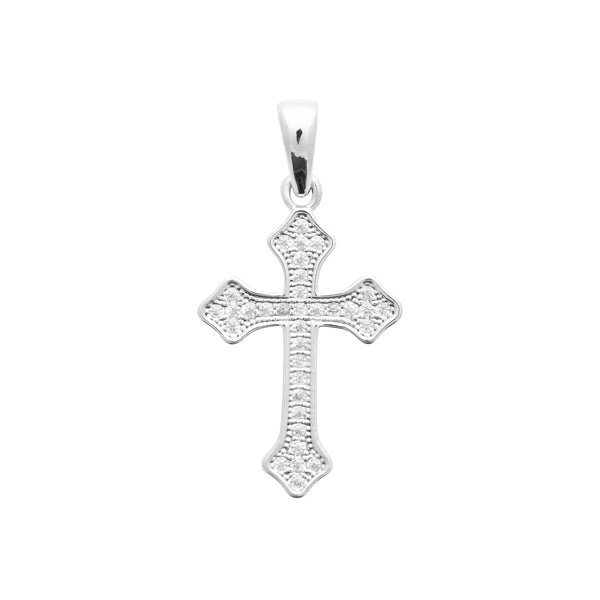 Pendentif croix fleurdelisée pavée de zircons en argent rhodié