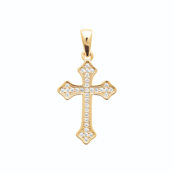 Pendentif croix fleurdelisée pavée de zircons en plaqué or