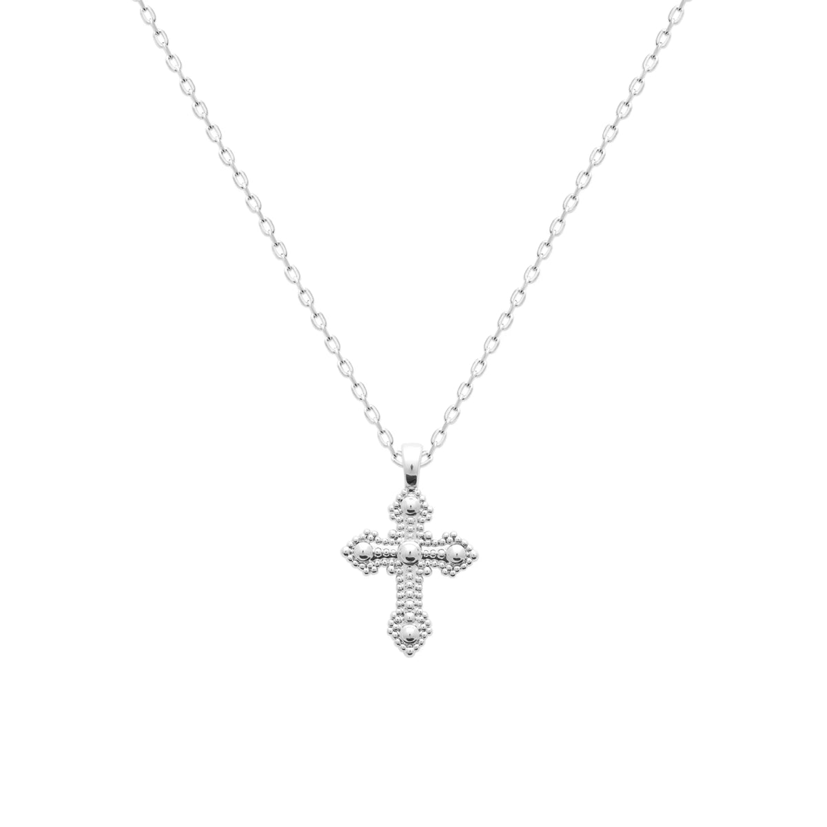 Pendentif croix perlée à boules en argent rhodié vu de profil