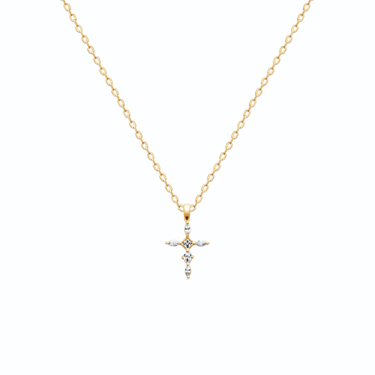 Pendentif croix sertie de zircons navette en plaqué or vu de profil