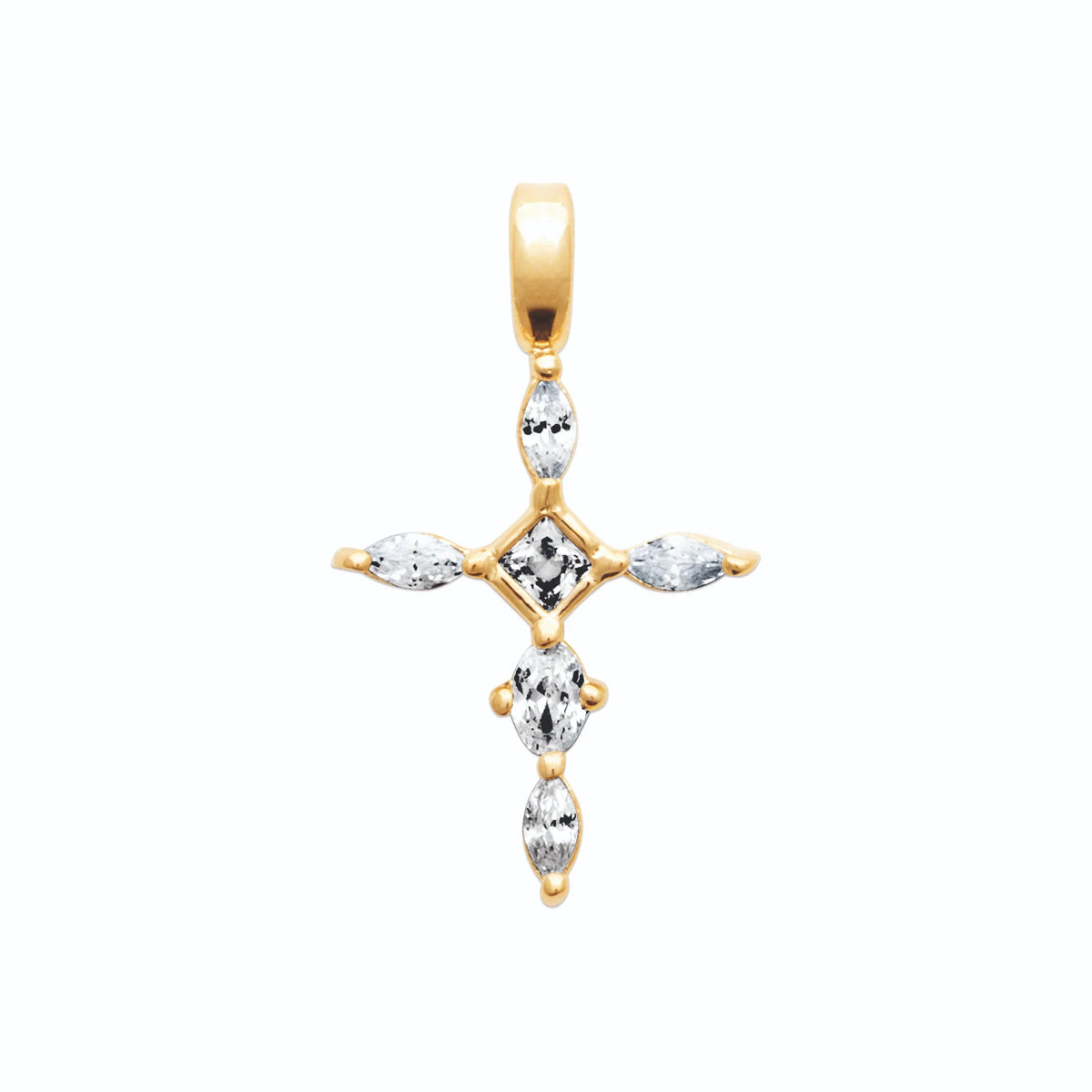 Pendentif croix sertie de zircons navette en plaqué or