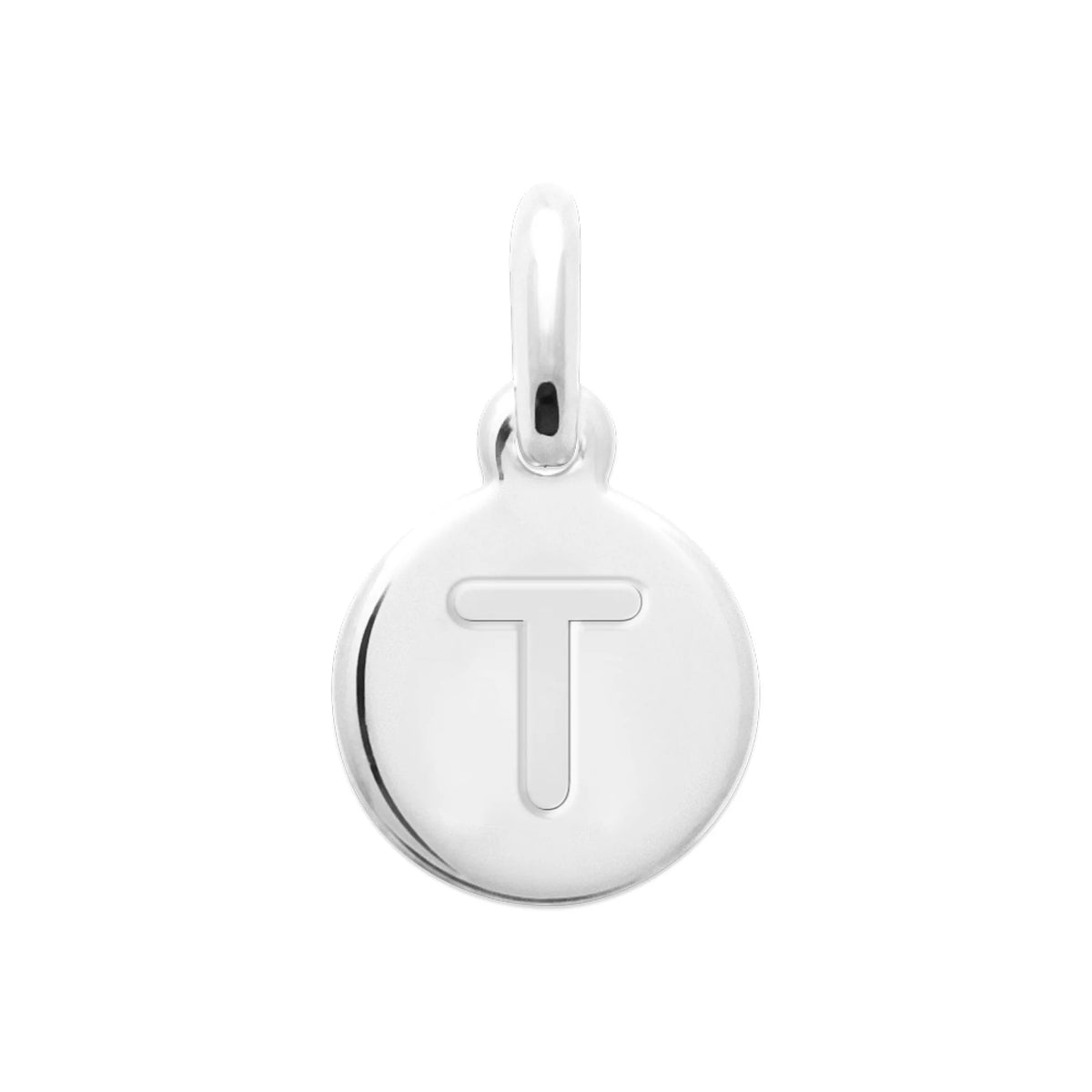 Pendentif médaille ronde gravée d’une initiale en argent rhodié : lettre T
