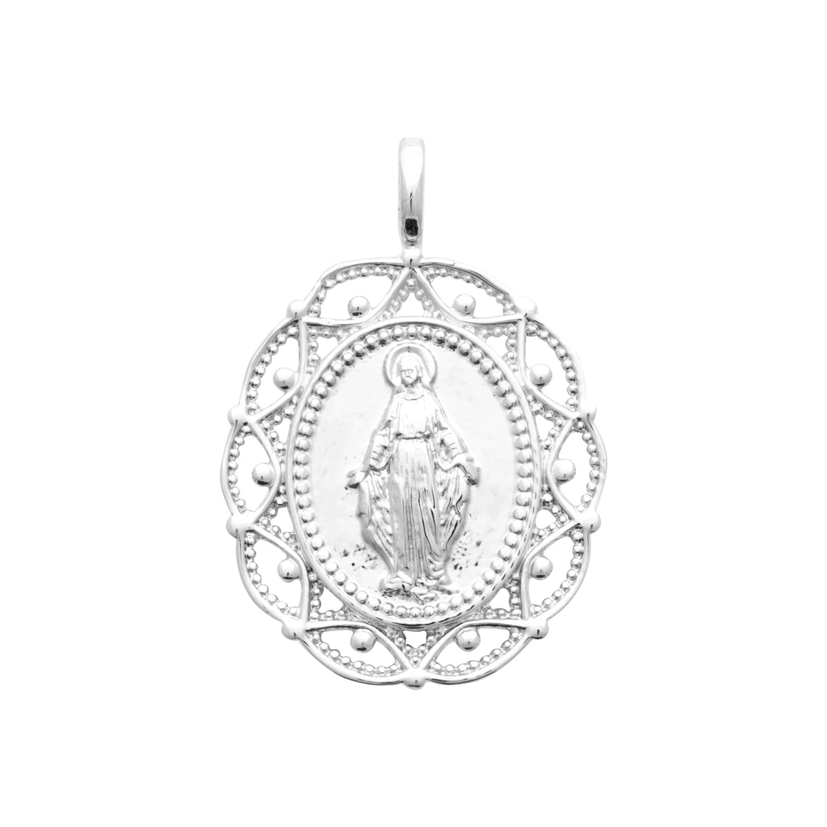 Pendentif médaille Vierge Marie miraculeuse ajourée en argent rhodié