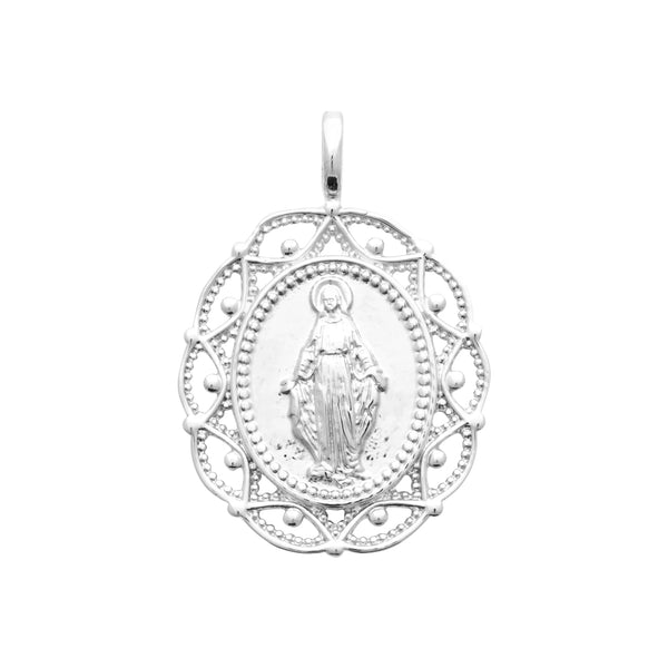 Pendentif médaille Vierge Marie miraculeuse ajourée en argent rhodié