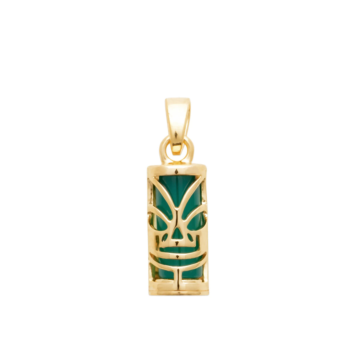 Pendentif tiki ajouré sur agate verte en plaqué or