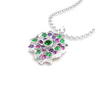Collier Fiori en or blanc avec grenats tsavorites, diamants, et saphirs violets et roses