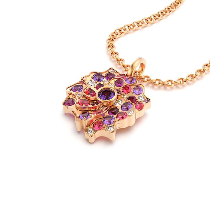 Collier Fiori en or rose avec spinelles roses, saphirs violets et roses et diamants